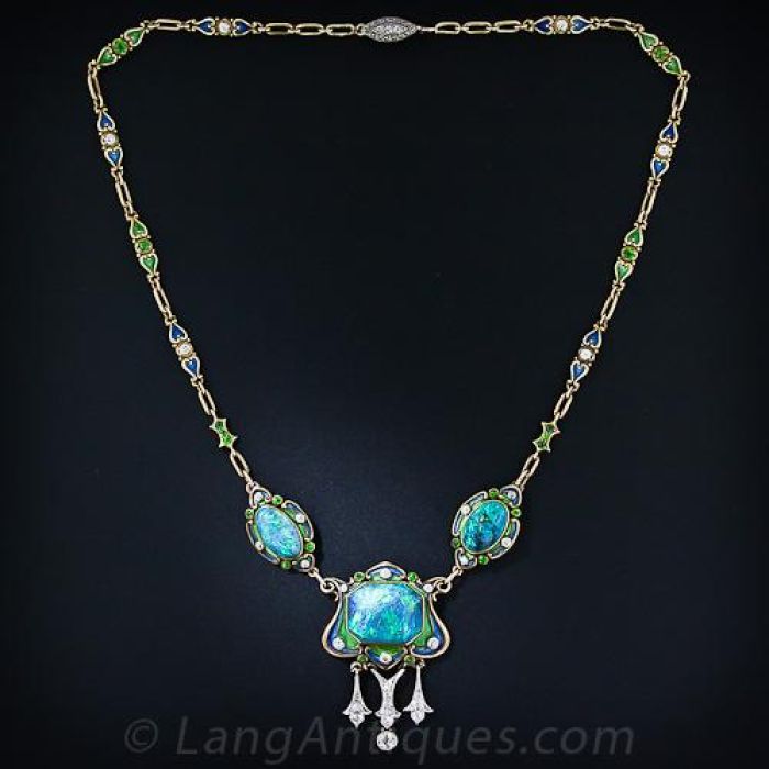 Art Nouveau Black Opal and Enamel Necklace and Ring Suite