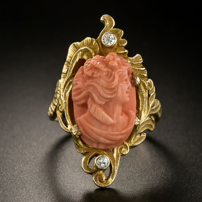 Art Nouveau Coral and Diamond Cameo Ring