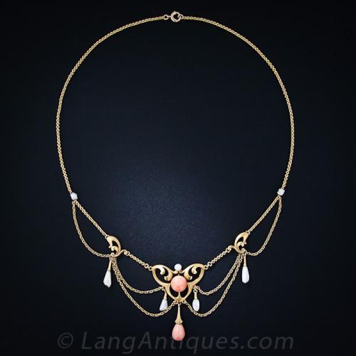 Art Nouveau Coral and Pearl Necklace by Krementz