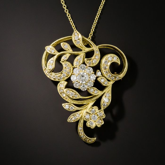 Art Nouveau Style Diamond Floral Pendant Brooch