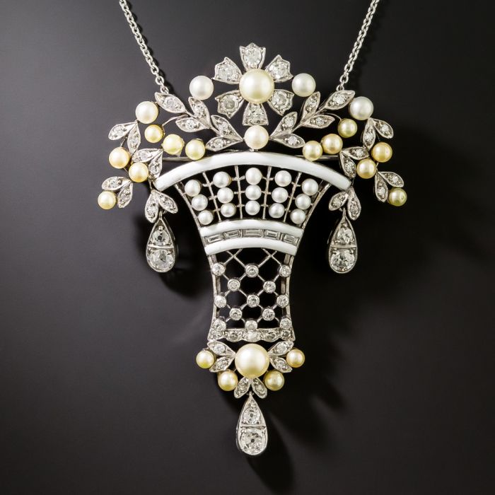 Belle Époque-Style Diamond, Pearl and Enamel Earring and Necklace Set