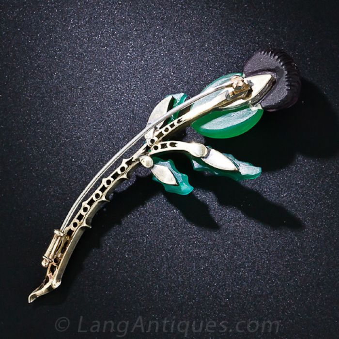 Carved Chrysoprase, Amethyst and Diamond Thistle Brooch