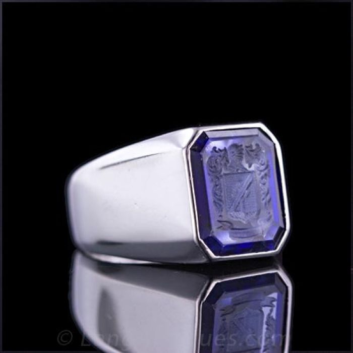 Carved Synthetic Sapphire Intaglio Signet Ring