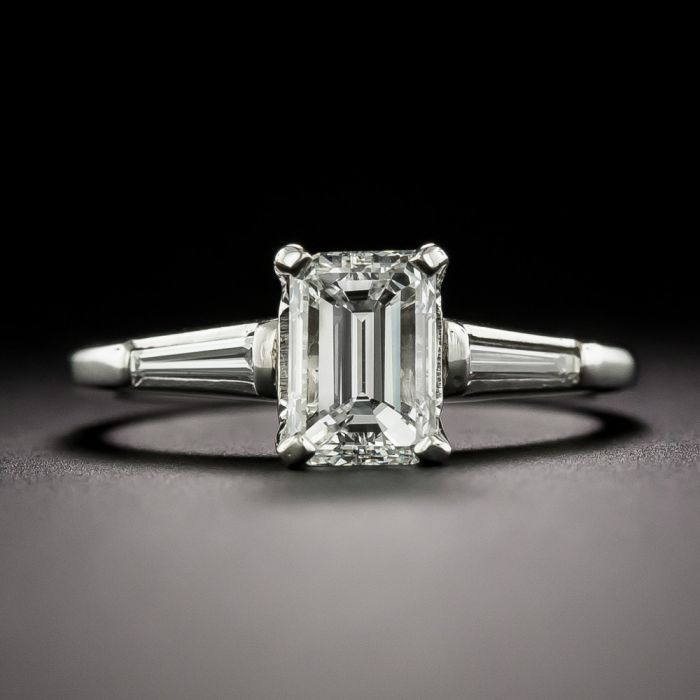 Classic 1.00 Carat Emerald Cut Diamond with Baguette Diamond Ring GIA F VS1