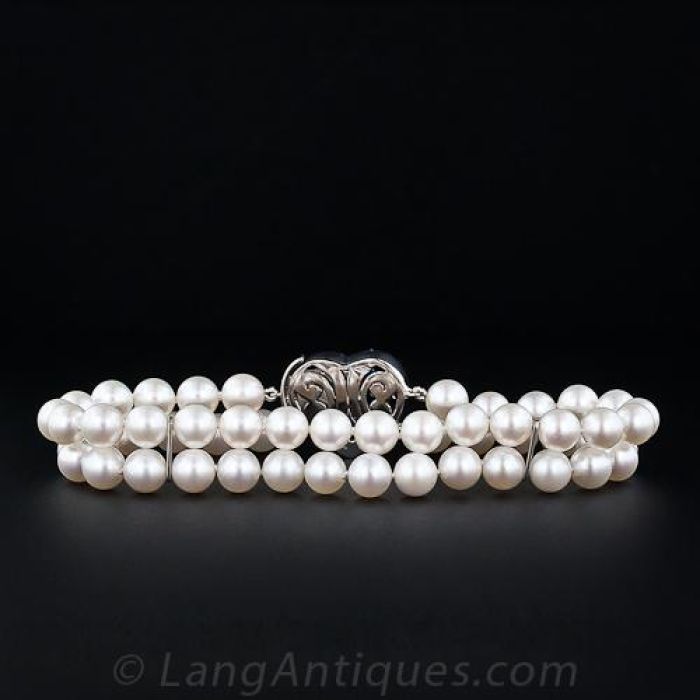 Double Strand Pearl Bracelet w/ Sapphire Heart Clasp