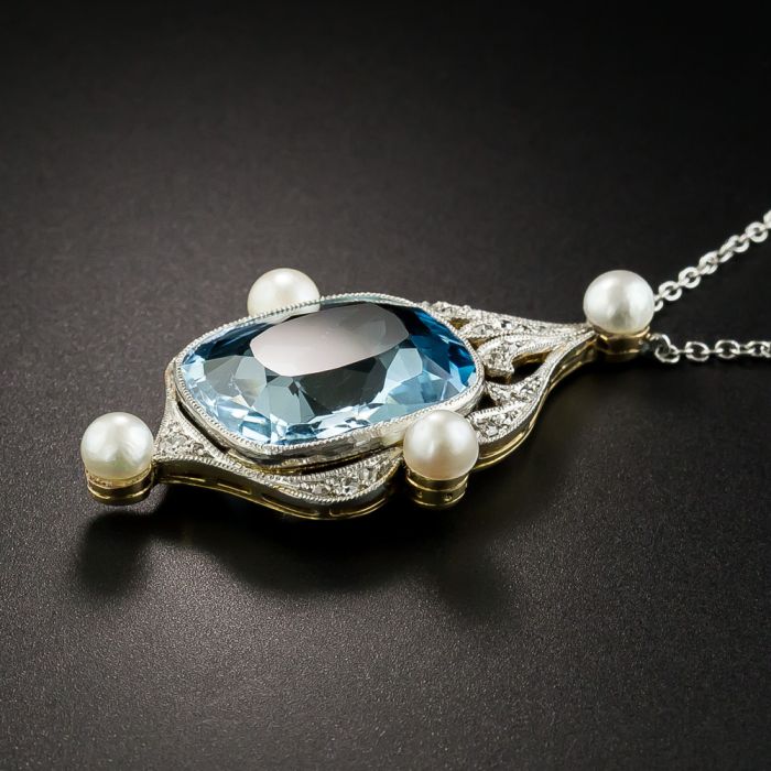 vintage aquamarine and pearl necklace Edwardian Carat Aquamarine, Diamond and Pearl Necklace
