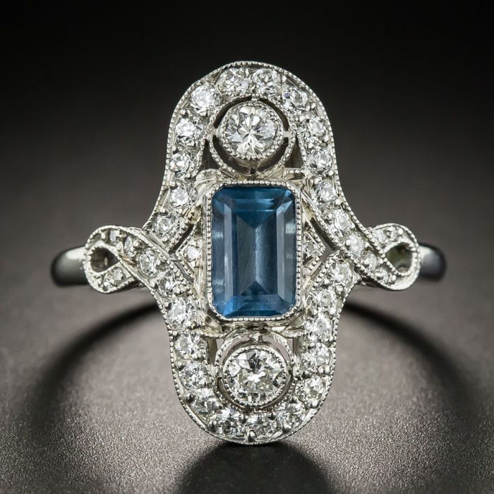 Platinum Filigree Emerald Cut Aquamarine Edwardian Engagement Ring