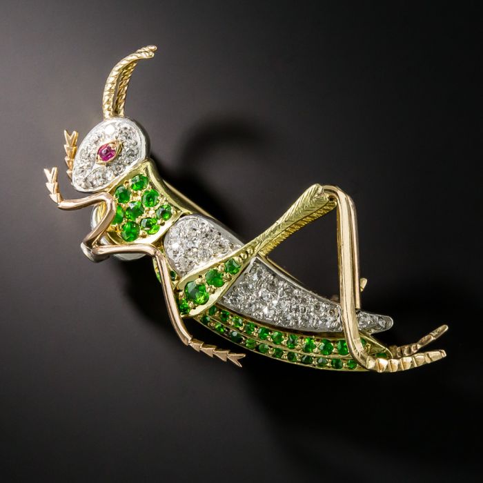 Edwardian Demantoid Garnet and Diamond Grasshopper Brooch