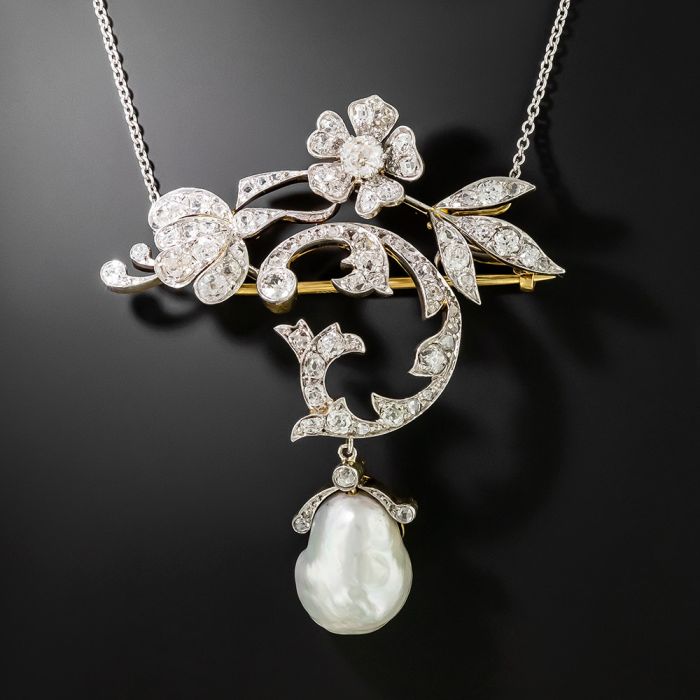 Edwardian Diamond and Baroque Pearl Necklace/Brooch