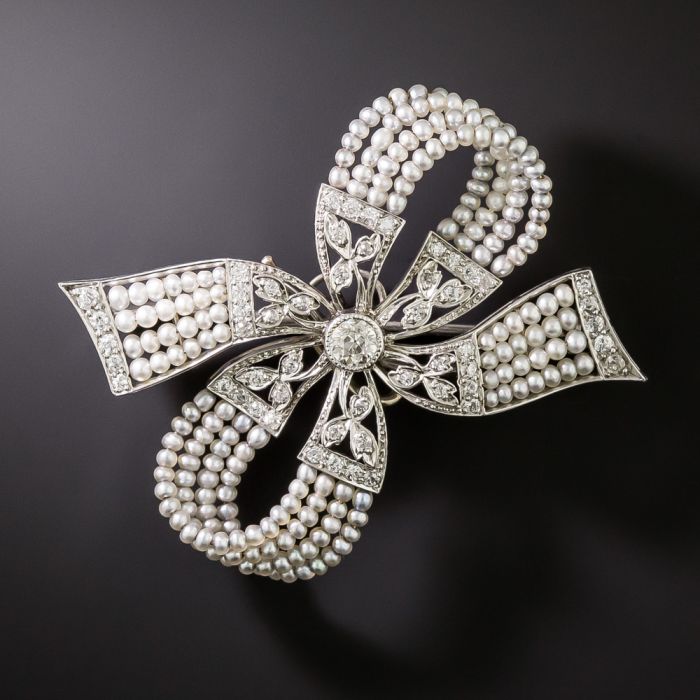 Edwardian Diamond and Natural Pearl Bow Brooch