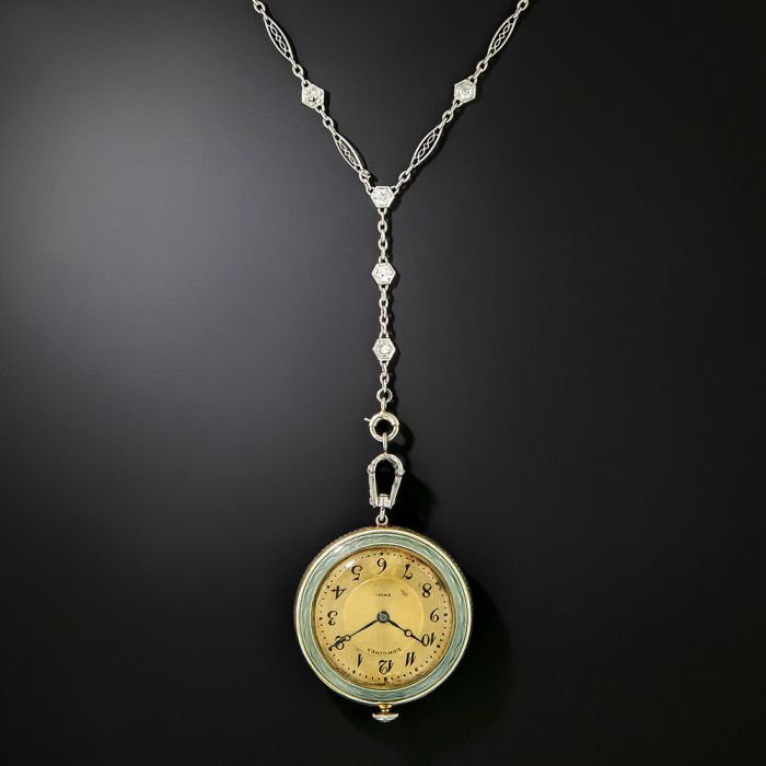 Edwardian Enamel And Diamond Pendant Watch Necklace