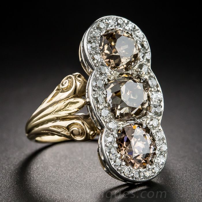 【source object】Antique Diamond Ring 14.5 Edwardian Three-Stone Natural Cognac Diamond Ring - 5.50 Carats