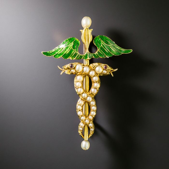 Enamel and Pearl Caduceus Brooch Circa 1900