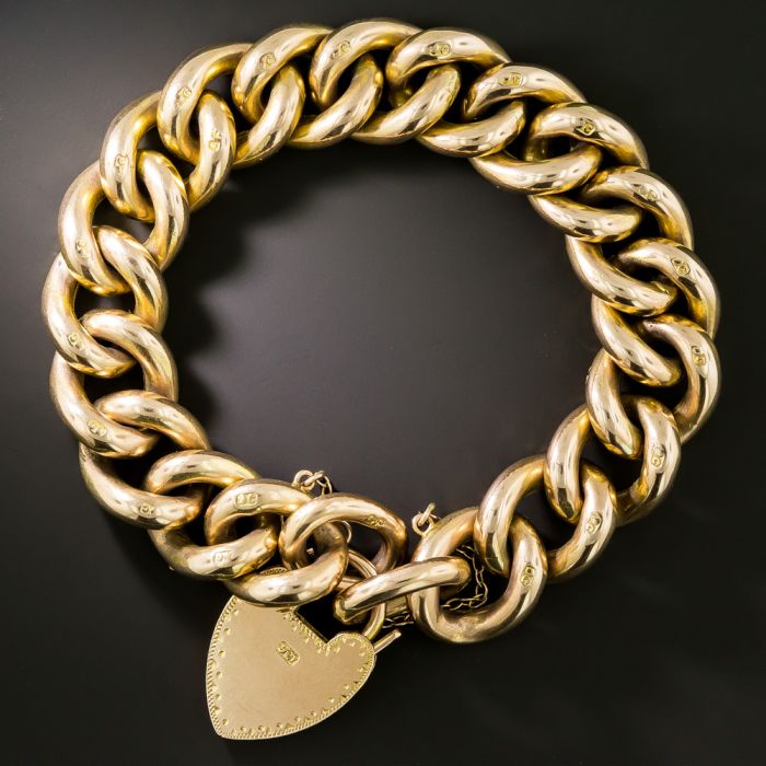 English Victorian 9K Gold Gate Bracelet with Heart Padlock Clasp