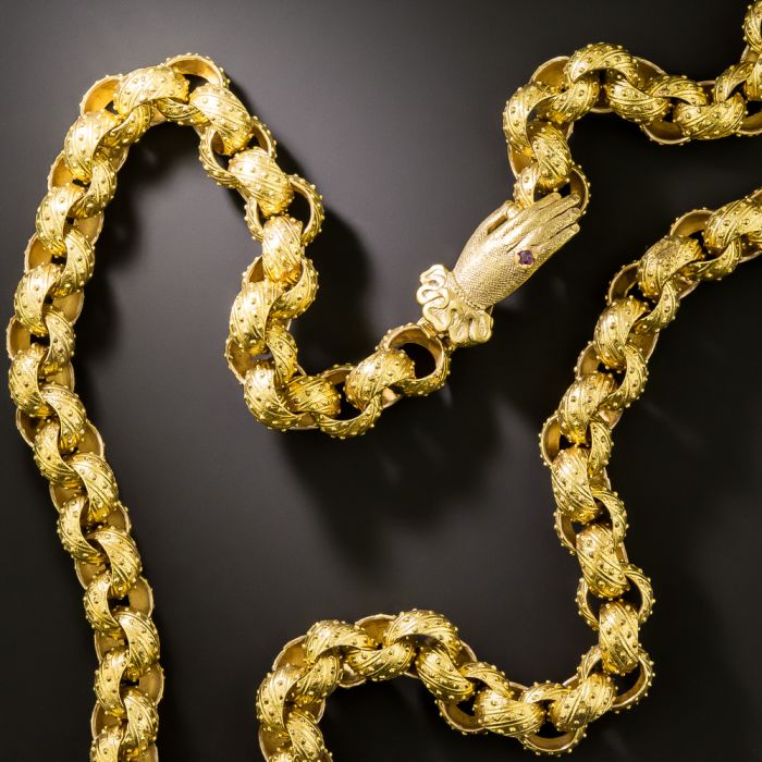 English Victorian Pinchbeck Textured Rolo Chain with Hand Clasp