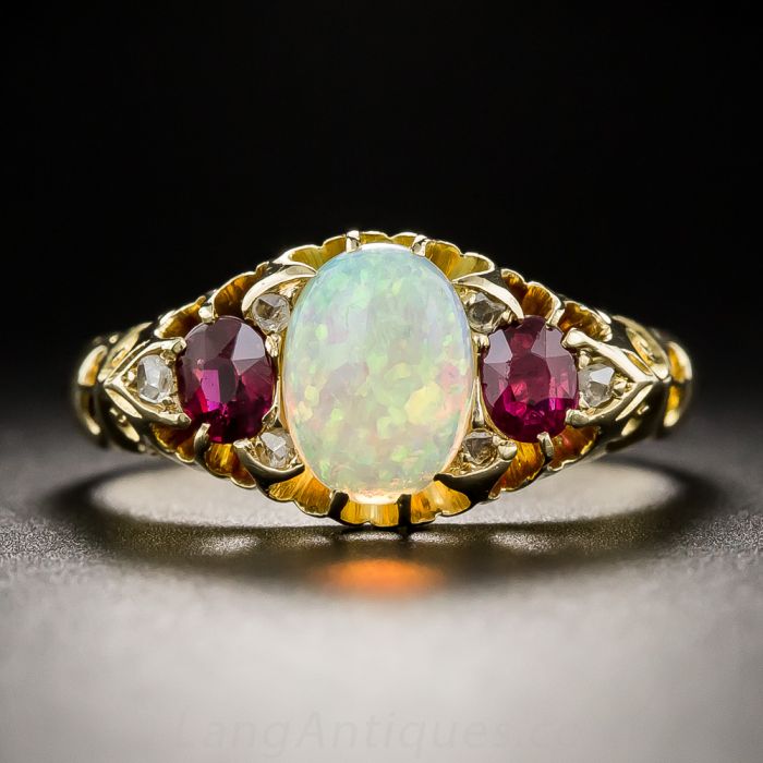 English Vintage Style Opal and Ruby Ring