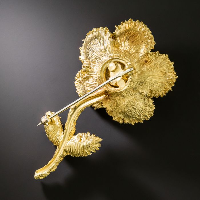 彫金レリーフ Estate 18K Textured Diamond Flower Brooch