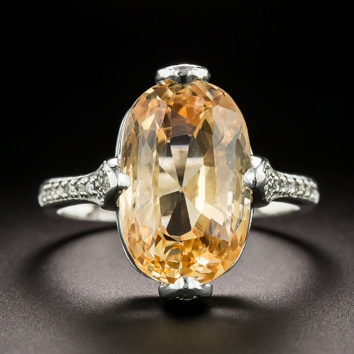 Estate 7.74 Carat Orangy Yellow Sapphire and Diamond Ring GIA