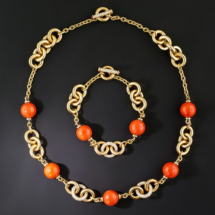 Estate Coral and Diamond Necklace and Bracelet Set