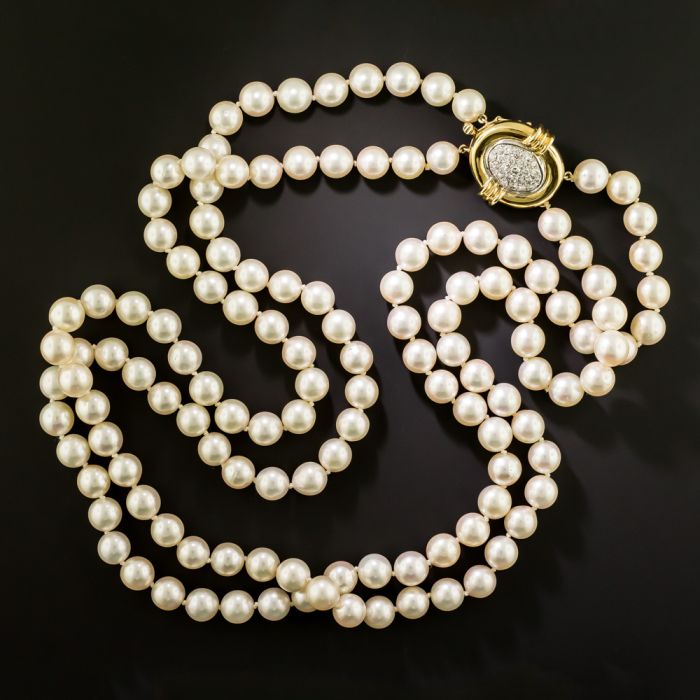 Estate Double Opera Length Strand Of 9-9.5 mm. Cultured Pearls with Diamond  Clasp