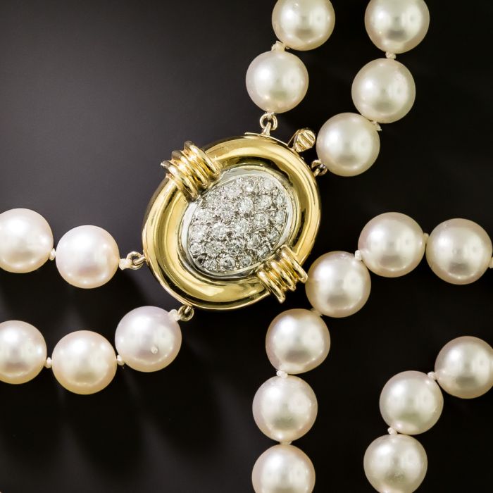 Estate Double Opera Length Strand Of 9-9.5 mm. Cultured Pearls with Diamond  Clasp