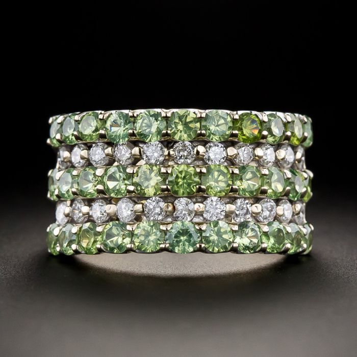Estate Five-Row Demantoid Garnet and Diamond Band