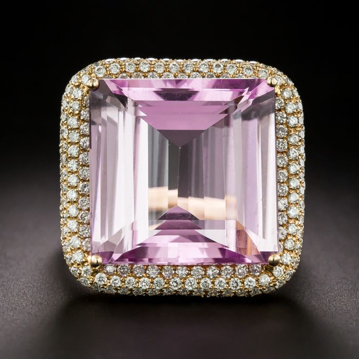 Estate Kunzite and Pavé Diamond Ring