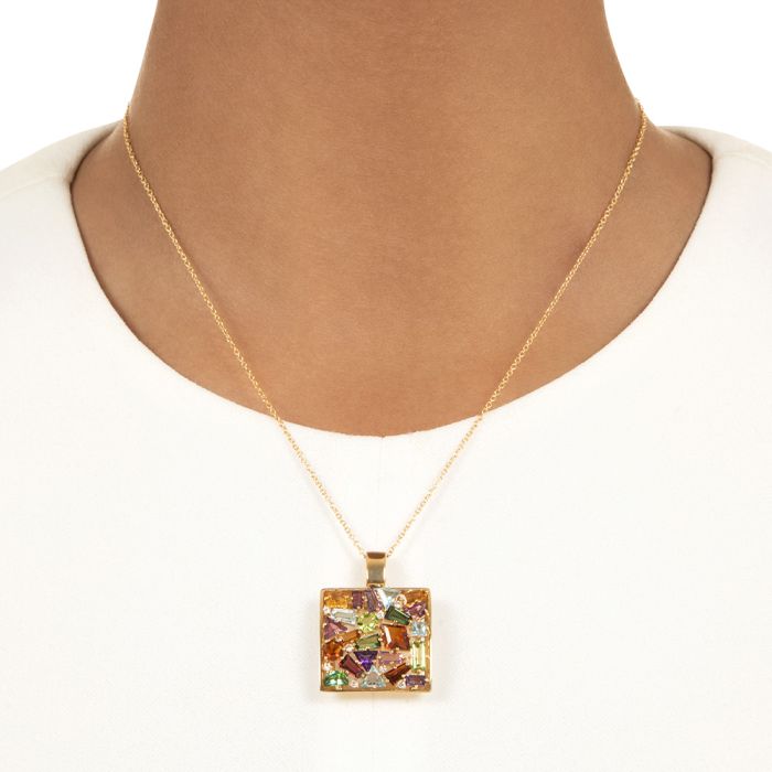 石の高級インテリア Estate Multicolor Gemstone and Diamond Square 18K Pendant