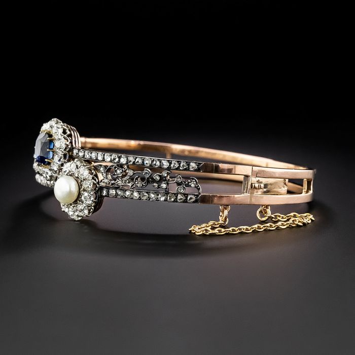 French Antique Diamond, No-Heat Sapphire, and Natural Pearl