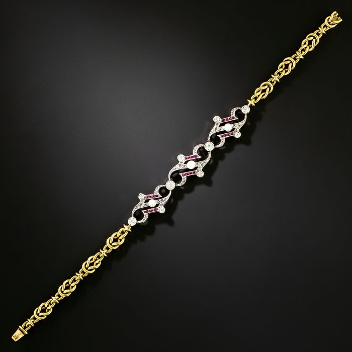 French Belle Epoque Diamond, Natural Pearl and Ruby Bracelet