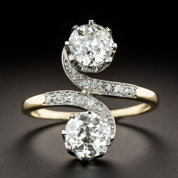 Bague Ancienne Or 18k Platine Diamant Style « Toi Et Moi » - Taille 56, Occasion