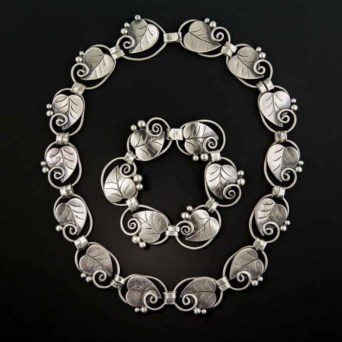 Georg Jensen Silver Leaf Suite with Necklace Bracelet Brooch and Earrings