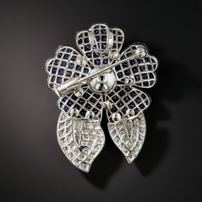 Invisible-Set Sapphire and Diamond Flower Brooch
