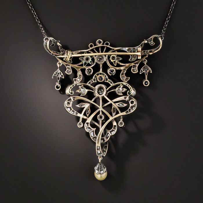 Large Antique Diamond and Natural Pearl Brooch Necklace