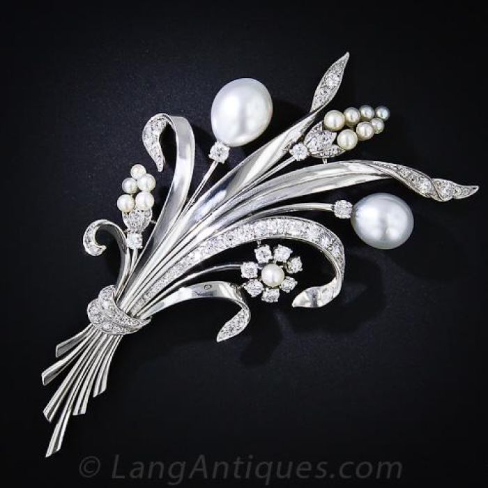 Large South Sea Pearl Platinum Diamond Brooch