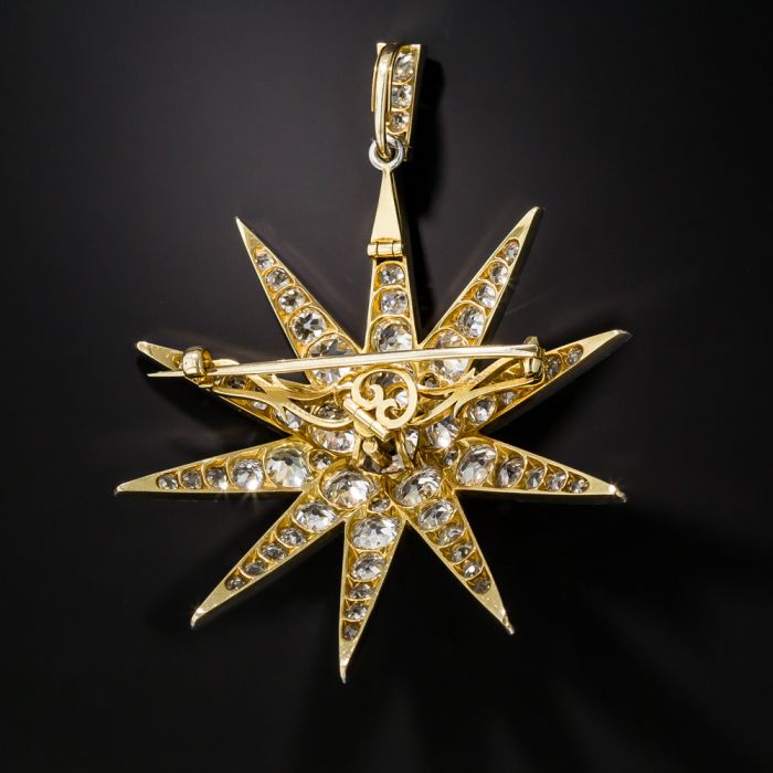 Large Victorian Star Brooch Pendant with 2.13 Carat Cushion Cut Diamond Center