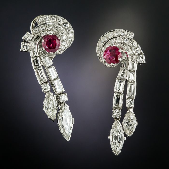 Late-Art Deco No-Heat Burma Ruby and Diamond Drop Earrings