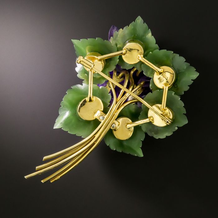 Mid-Century 18K Carved Amethyst, Nephrite and Diamond Flower Brooch