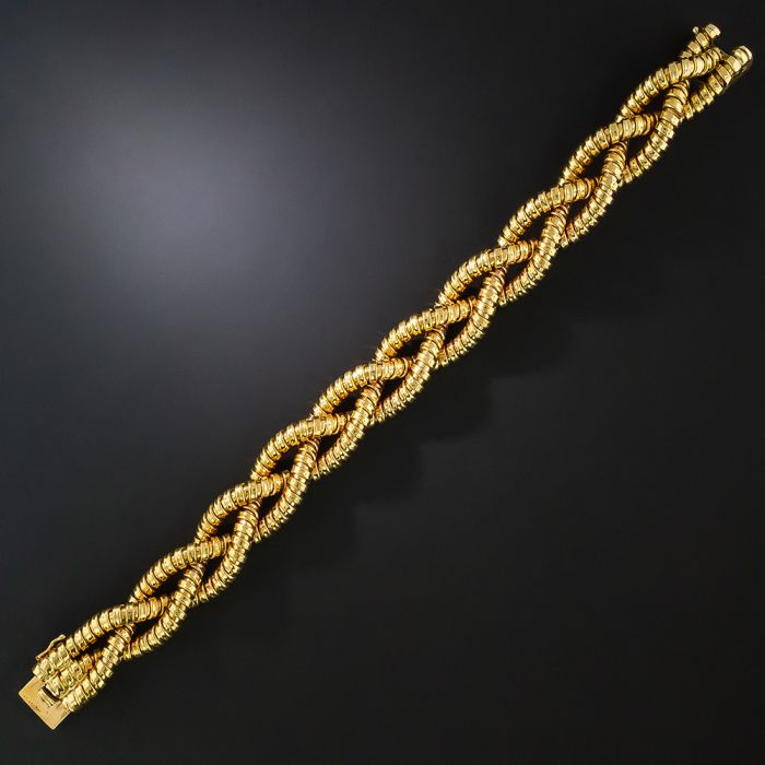 Mid-Century 18K Rosy-Yellow Gold Braid Bracelet - 8 1/4 Inches