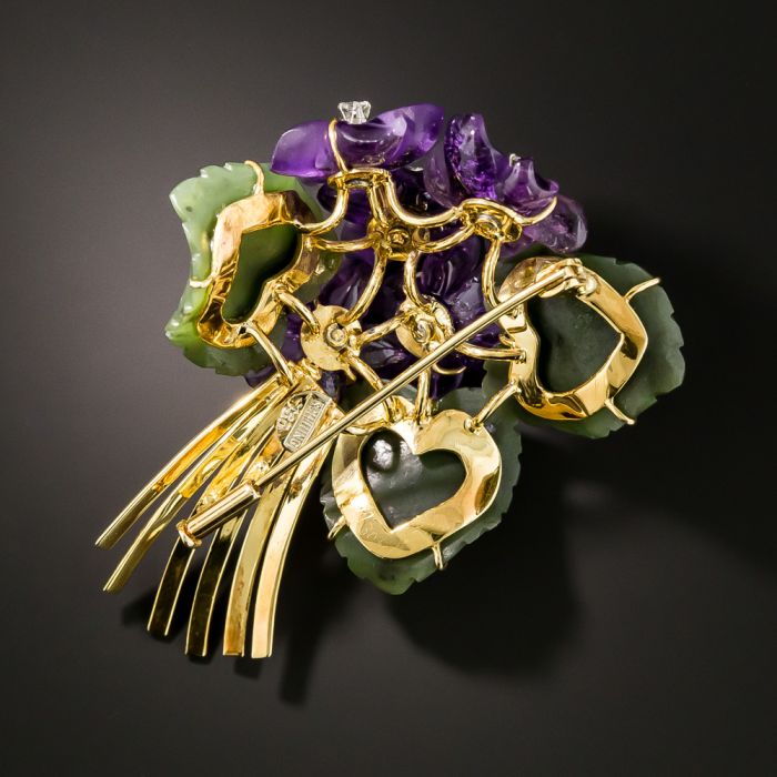 Mid-Century Amethyst and Nephrite Jade Floral Spray Brooch