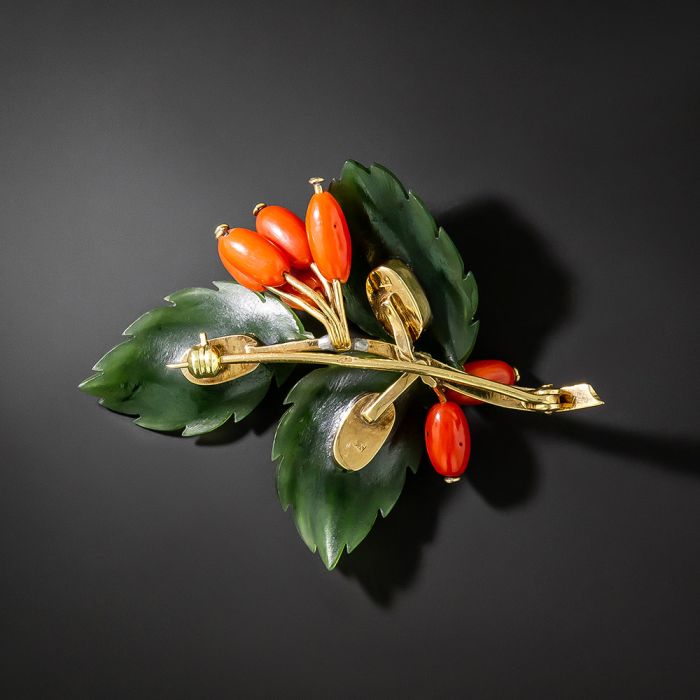 Mid-Century Austrian Nephrite Jade and Coral Holly Brooch