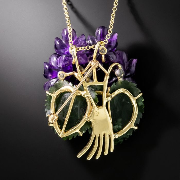 Mid-Century Carved Amethyst and Nephrite Jade Floral Pendant/Brooch