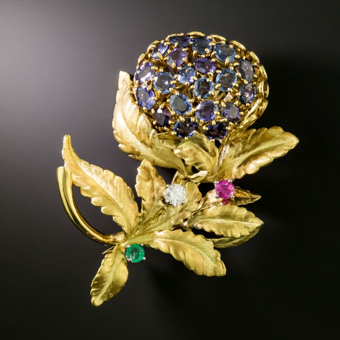 Mid-Century Color-Change Sapphire Flower Brooch by J. E. Caldwell & Co.