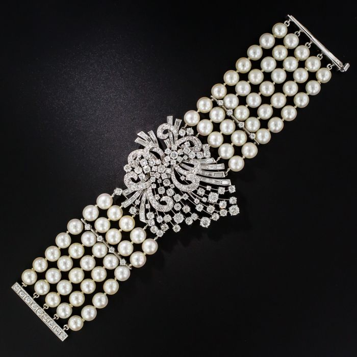 Store Bracelet Knotted Pearl Vintage Black and White Pearls Gorgeous Rhinestone Diamond Clasp circa 1960s