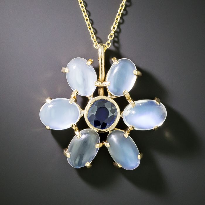 Mid-Century Moonstone and No-Heat Sapphire Flower Pendant