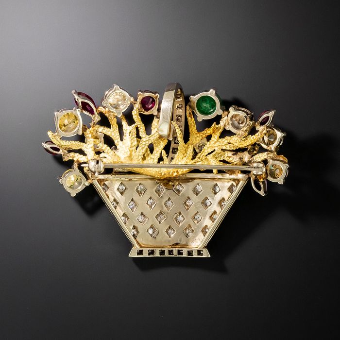 Mid-Century Multi-Gem and Diamond Flower Basket Brooch