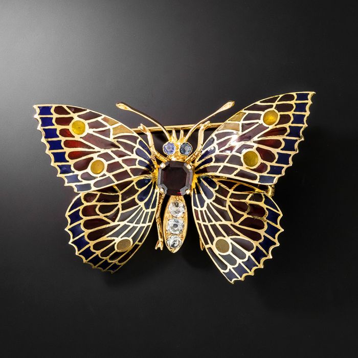 Vintage Plique-à-Jour signed orders Enamel Butterfly Brooch