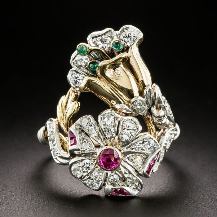 Art Nouveau Style Round Ruby outlet & Marcasite Flower Ring in 925 Sterling Silver