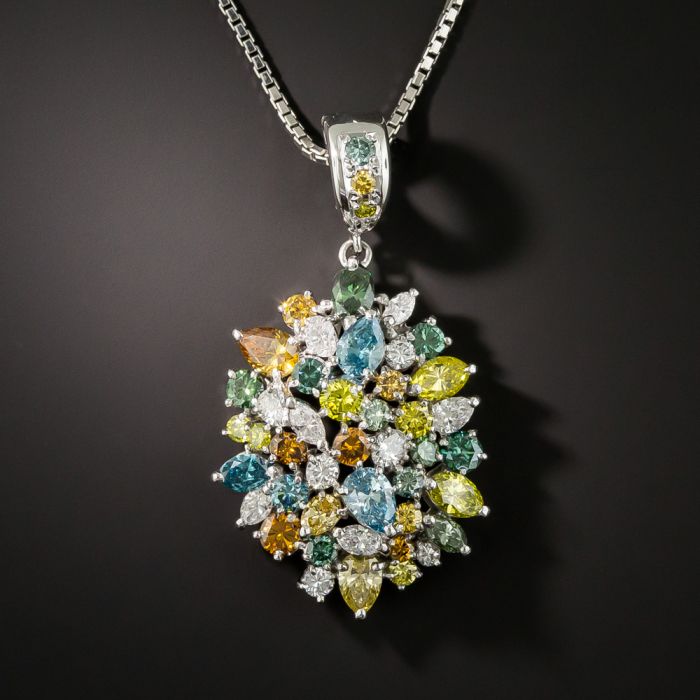 Multi Color Enhanced Diamond Cluster Pendant Necklace 6.91 Carats