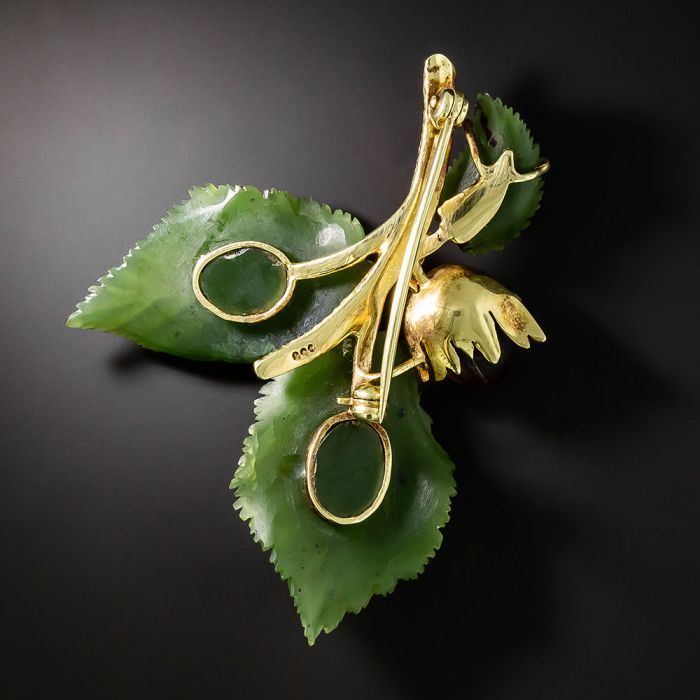 Nephrite Leaf and Tiger's Eye Acorn Brooch